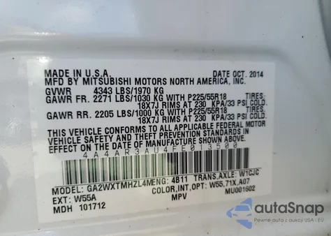 2015 Mitsubishi Outlander Sport Es from USA, damaged, VIN 4A4AR3AU4FE013500